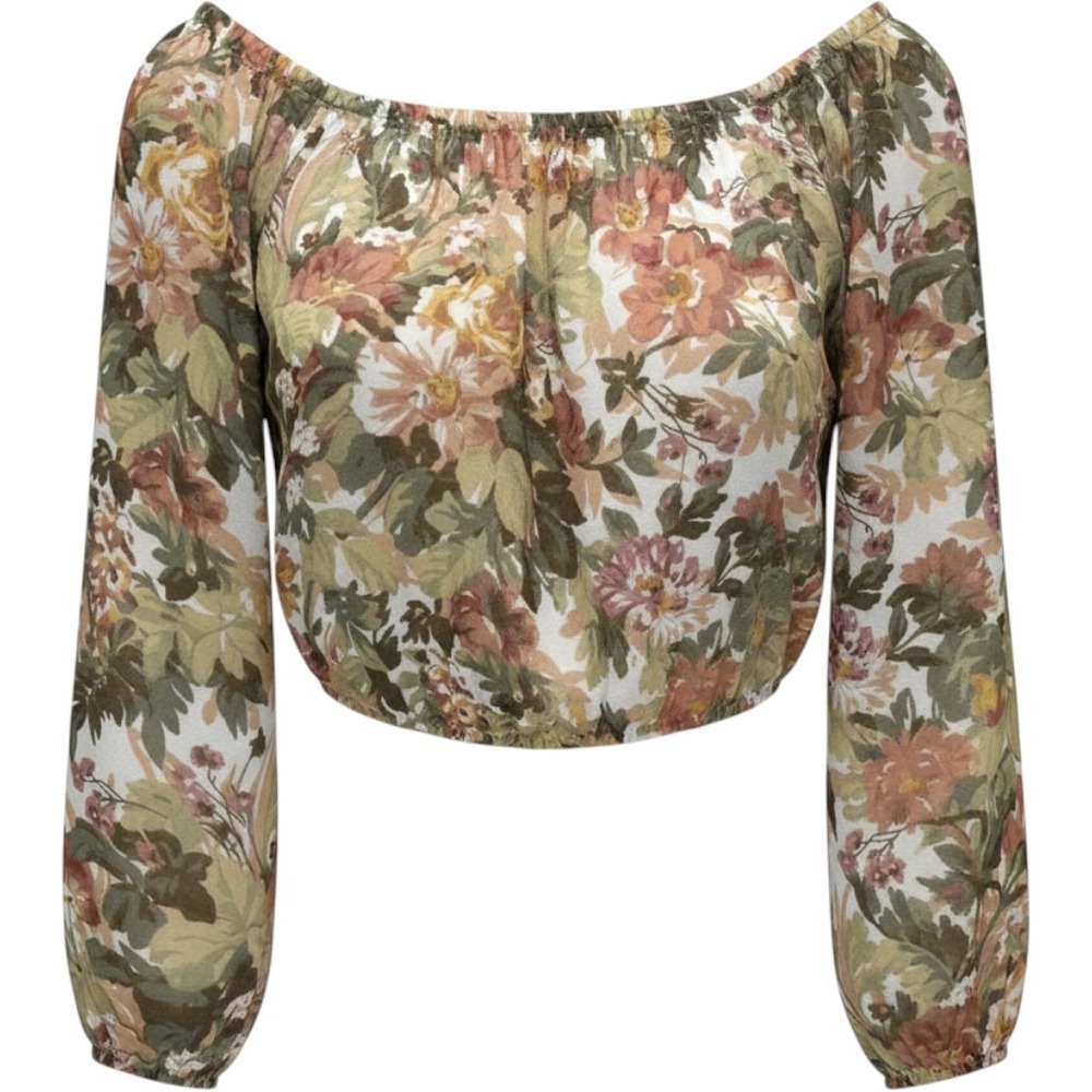 Show Me Your Mumu Floral Off The Shoulder Crop Blouse Green Rust Small